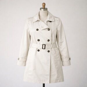 L.L.Bean Ivory Belted Trench Coat Double Breasted Size Large Classic